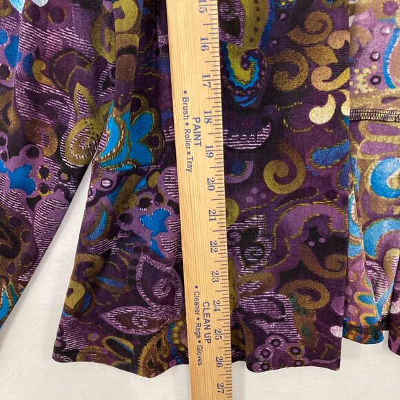 Chico's Travelers size Large/2 Purple Blue Floral Artsy Slinky Knit Open Jacket - Picture 4 of 10